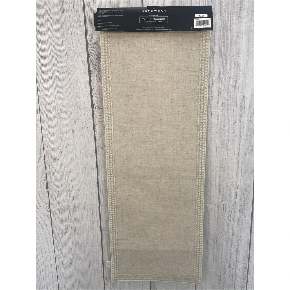 Home Wear Table Runner 14x90 Superion Natural Beige Linen Jute Embroidered Edge